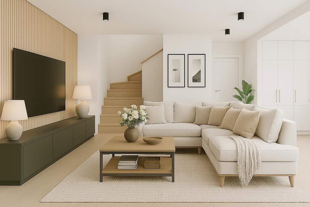 Duży salon na parterze domów energooszczędnych w Pszczynie